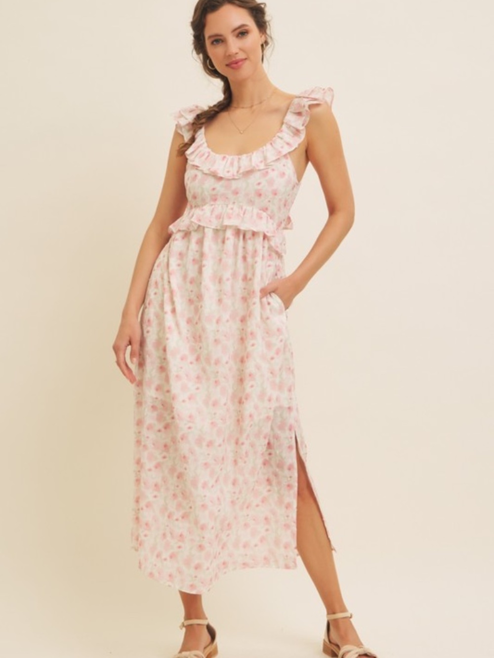 Romantic Floral Slit Midi Dress With Ruffles
